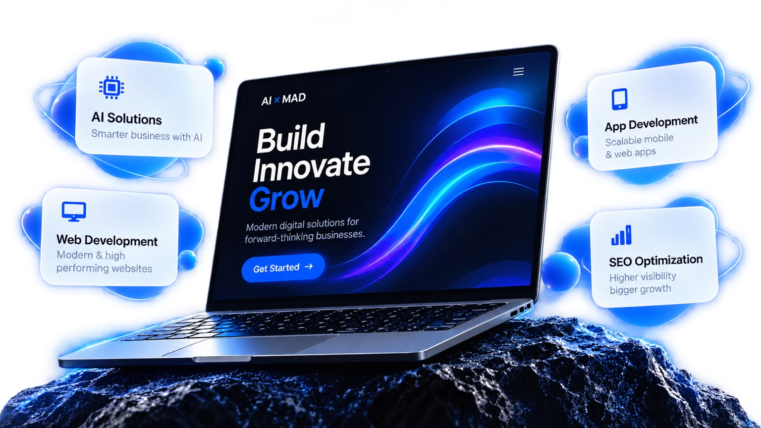AI × MAD laptop mockup showing Build Innovate Grow with AI, web, app and SEO service cards